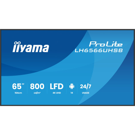 iiyama LH6566UHSB-B1AG Signage Display Digital signage flat panel 165.1 cm (65") LCD Wi-Fi 800 cd/m² 4K Ultra HD Black Built-in processor Android 24/7