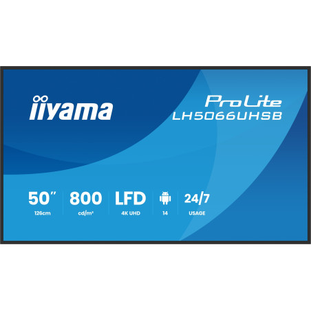 iiyama LH5066UHSB-B1AG Signage Display Digital signage flat panel 127 cm (50") LCD Wi-Fi 800 cd/m² 4K Ultra HD Black Built-in processor Android 24/7