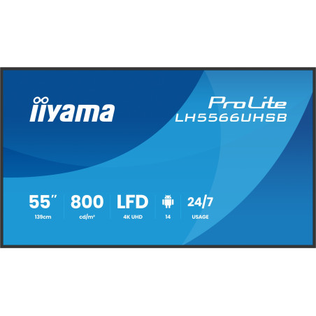 iiyama LH5566UHSB-B1AG Signage Display Digital signage flat panel 139.7 cm (55") LCD Wi-Fi 800 cd/m² 4K Ultra HD Black Built-in processor Android 24/7
