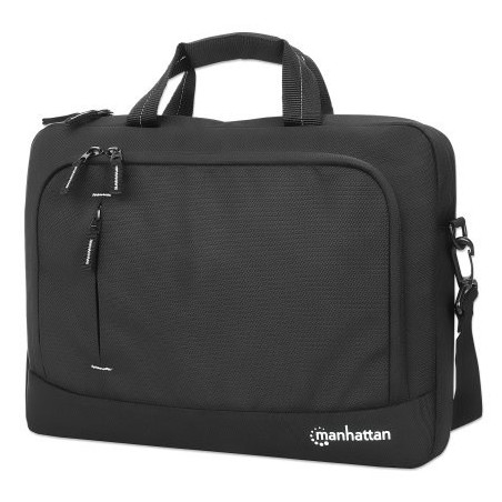 Manhattan Helsinki Eco Friendly Laptop Bag 14.1", Top Loader, Black, Padded Notebook Compartment, Front and Multiple Interior Pockets, Padded Handle, Trolley Strap, Recycled Materials, Black, Shoulder Strap (removable), Notebook Case, Three Year Warranty