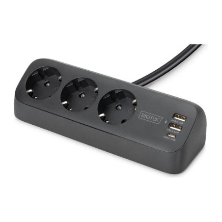 Digitus 3-way office socket strip with 2x USB-A and 1x USB-C connections, black