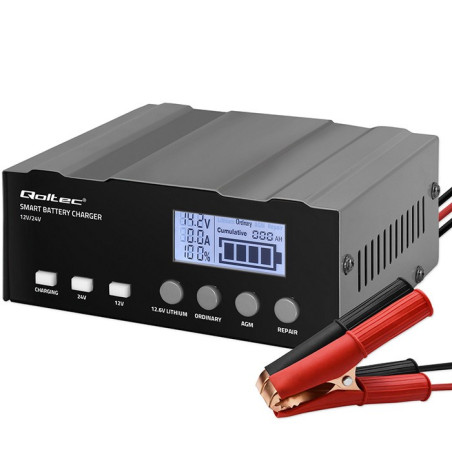 Qoltec 12V Smart Microprocessor Charger | 12.6V | 24V | Charger with repair function for AGM GEL | LCD