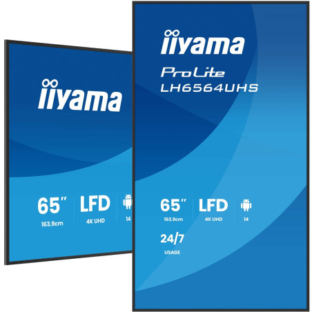 iiyama LH6564UHS-B1AG Signage Display Digital signage flat panel 165.1 cm (65") Wi-Fi 500 cd/m² 4K Ultra HD Black Built-in processor Android 24/7