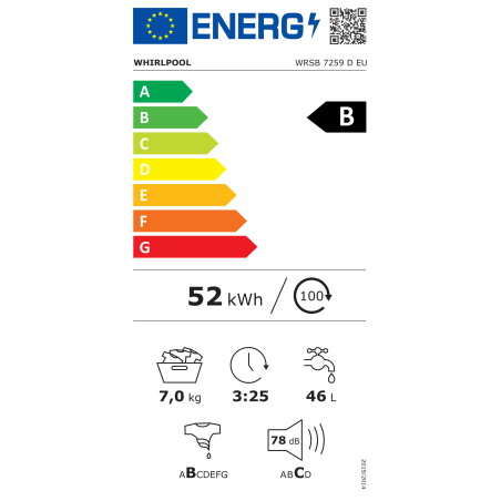 Whirlpool Washing machine | WRSB 7259 D EU | Energy efficiency class B | Front loading | Washing capacity 7 kg | 1200 RPM | Depth 44 cm | Width 60 cm | Display | LCD | Steam function | White