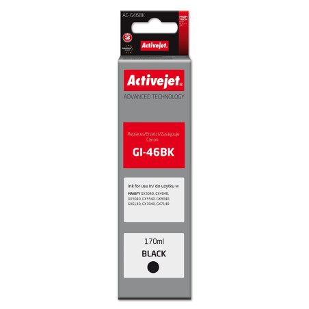Activejet AC-G46BK Ink cartridge for Canon printers, Replacement for Canon GI-46BK; Supreme; 170 ml; black