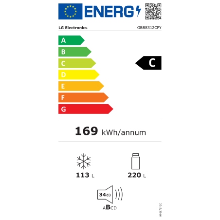 LG Refrigerator | GBBS312CPY | Energy efficiency class C | Free standing | Height 186 cm | Combi | No Frost system | Fridge net capacity 220 L | Freezer net capacity 113 L | Display | 34 dB | Prime Silver