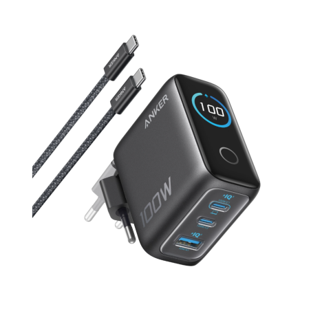 Anker Charger (100W, 3 Ports, Smart Display) with USB-C Cable