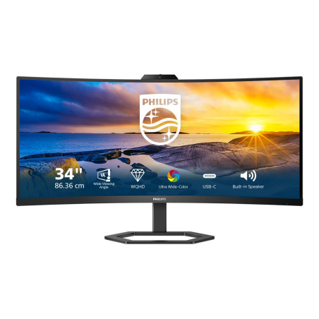 Philips | Monitor with Windows Hello Webcam | 34E1C5600HE/00 | 34 " | VA | 21:9 | 100 Hz | 4 ms | 3440 x 1440 pixels | 300 cd/m² | HDMI ports quantity 1 | Black | Warranty 36 month(s)
