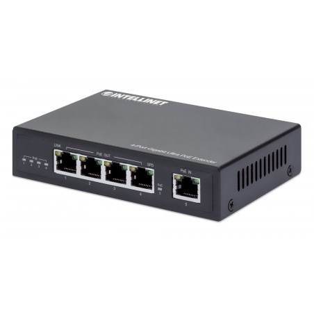 Intellinet 4-Port Gigabit Ultra PoE Extender, Adds up to 100 m (328 ft.) to PoE Range, 90 W PoE Power Budget, Four PSE Ports with up to 30 W Output, IEEE 802.3bt/at/af Compliant, Metal Housing
