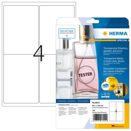 HERMA Labels transparent crystal-clear A4 99.1x139 mm transparent clear film glossy 100 pcs.