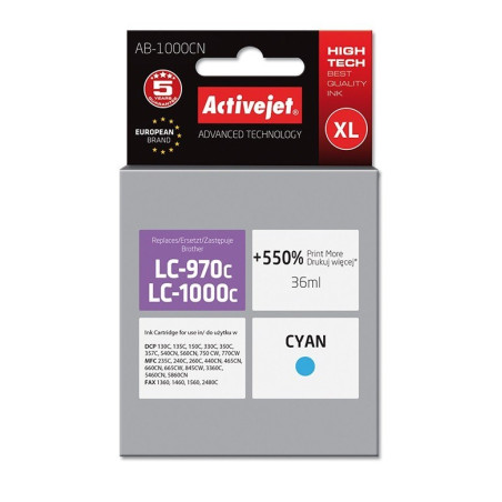 Activejet AB-1000CN Ink (replacement for Brother LC1000C/970C; Supreme; 36 ml; cyan). Prints 550% more.