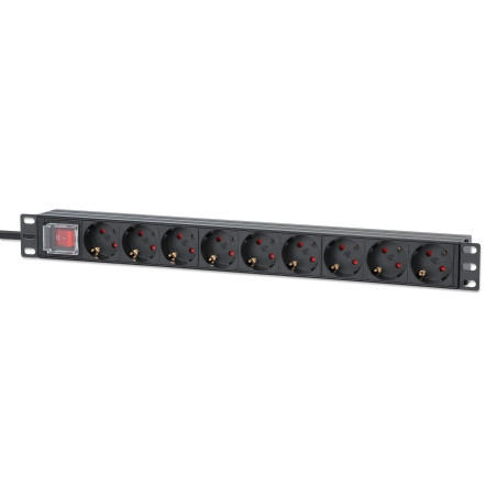 Intellinet 19" 1U Rackmount 9-Output Power Distribution Unit (PDU), EU CEE 7/3 Outlets, Built-in 2 m Power Cord with EU CEE 7/7 Plug, 16 A, On/Off Switch, Horizontal Mount, Aluminum, Black