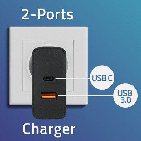Qoltec Super Quick PD Charger | 1xUSB-C | 1xUSB | 90W | 5-20V | 2.4-4.35A |  Black