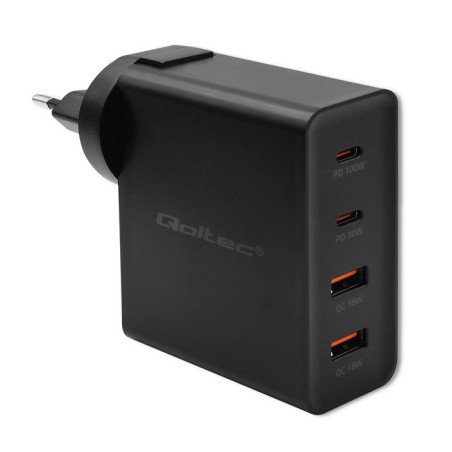 Qoltec GaN POWER PRO Charger | 2xUSB-C | 2xUSB | 130W | 5-20V | 1.5-5A | XP | Black