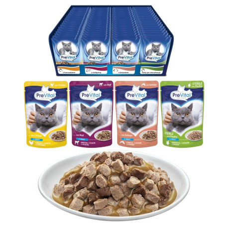 PREVITAL Cat Food Mix 4 Flavors Chicken, Veal, Salmon, Poultry – wet cat food – 96 x 100 g