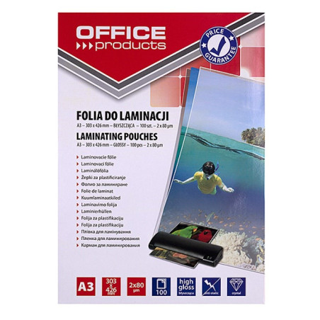 OFFICE PRODUCTS Laminating film, A3, 2x80 microns, glossy, 100 sheets, transparent
