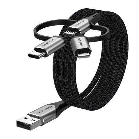 Vention USB 2.0 A Male to 3-in-1 Micro-B&USB-C&Lightning Male Cable 1M Gray Aluminum Alloy Type