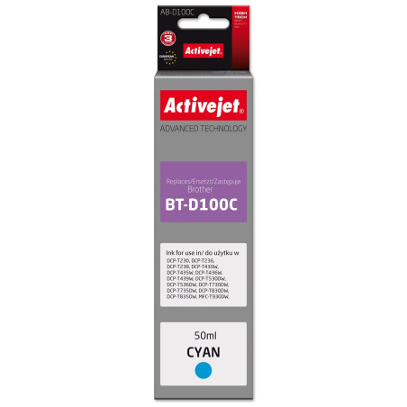 Activejet AB-D100C Ink cartridge for Brother printers, replacement for Brother BT-D100C; Supreme; 50 ml; cyan