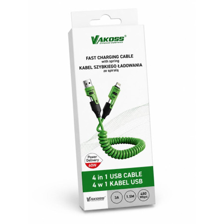 Vakoss MLU680G 4-in-1 Cable 1.5m 60W 3A QC/PD Green