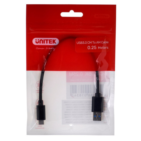 UNITEK CABLE USB-C - USB-A 3.1,M/M,0.25M, Y-C490BK