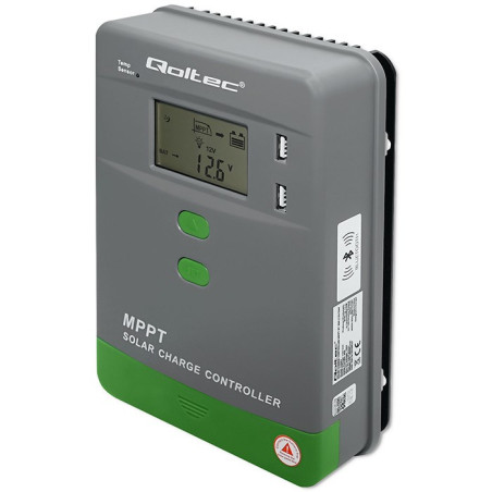 Qoltec Solarny regulator ładowania MPPT z czujnikiem temperatury 10A |12V / 24V | LCD | 2 x USB | Bluetooth | APP | GEL | LiFePO4