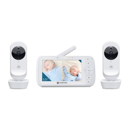 Motorola | Video Baby Monitor - Two camera pack | VM35-2 5.0" | 5.0" diagonal color screen; 5 x preloaded lullabies; Two-way talk; Room temperature monitoring; Infrared night vision; LED sound level indicator; 2.4GHz FHSS wireless technology for in-home viewing; Digital zoom x 2; High sensitivity microphone; Rechargeable parent unit; Secure and private connection; Split-screen viewing | White