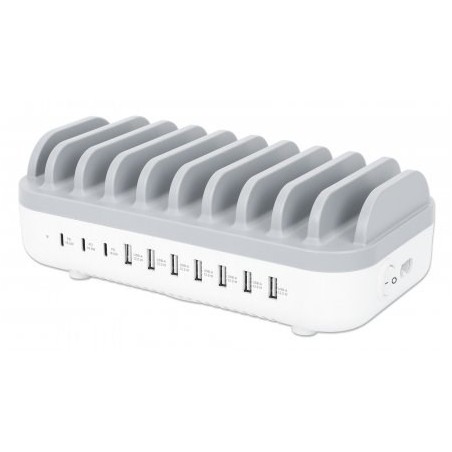 Manhattan Charging Station, 10x Ports: 3x USB-C (up to 18W PD) and 7x USB-A (up to 12W), 120W Total Output, White/Grey, Three Year Warranty