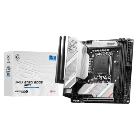 MSI | MPG B760I EDGE WIFI | Processor family Intel | Processor socket  LGA1700 | DDR5 DIMM | Memory slots 2 | Supported hard disk drive interfaces SATA, M.2 | Number of SATA connectors 4 | Chipset Intel B760 | Mini-ITX