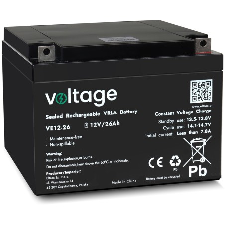 AGM Battery Voltage 12V 26Ah VE12-26 (Lifespan 6-9 years)
