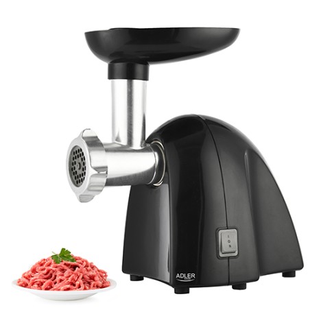 Adler | Meat mincer | AD 4811 | Black | 600 W | Number of speeds 1 | Throughput (kg/min) 1.8 | 3 replaceable sieves: 3mm for grinding poppies and preparing meat and vegetable stuffing; 5mm for meatballs, Roman roast and beef burgers; 7mm for coarsely ground sausages, offal sausages and pates; Charging tray; Pusher