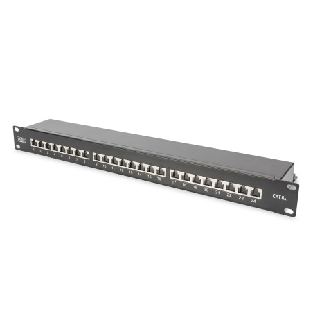 CAT 6A | Patch Panel | RJ45, 8P8C | Suitable for 483 mm (19") cabinet mounting; Transmission properties: Category 6A, Class EA; Area of application: Up to 500 MHz, 10GBase-T; Size:482.6 x 44 x 109mm | RJ45 shielding (Tinned bronze)